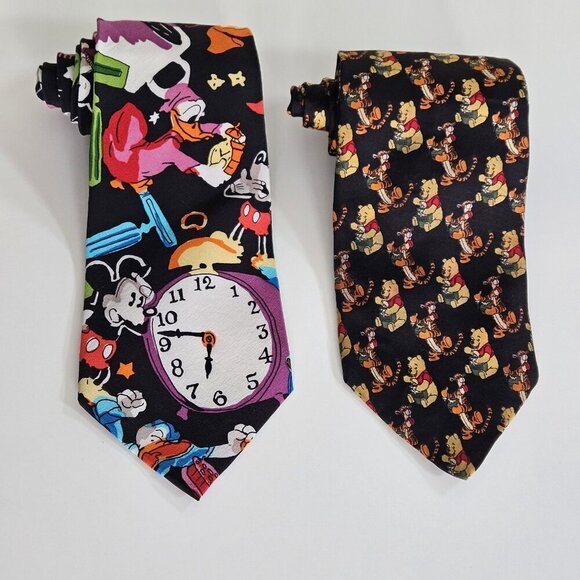 Disney Themed Silk Tie Lot of 2 Pooh Mickey Donald AOP W3.5 L57.5 - 58.5 Boho - Picture 14 of 16